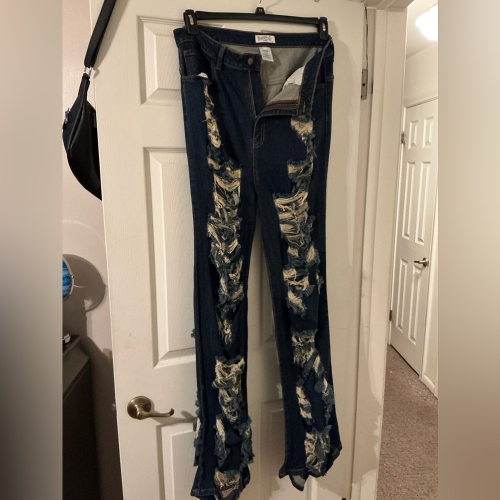 Dark Denim Distressed High Rise Jeans